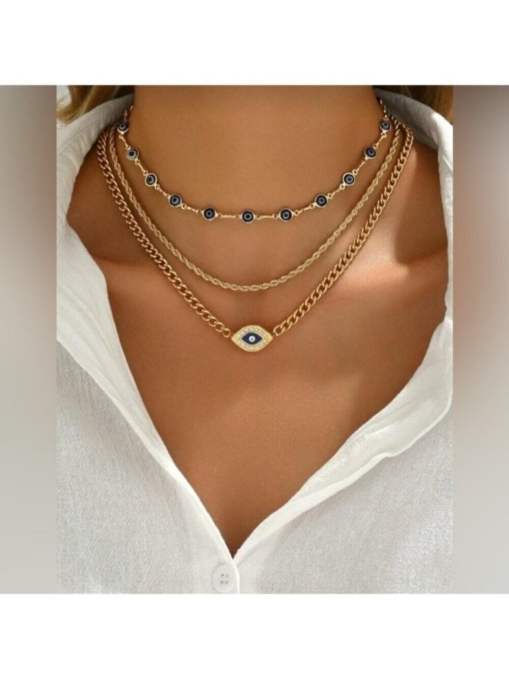 Gold Tone Evil Eye Layered Necklace Set 3PC Cuban Chain Stack